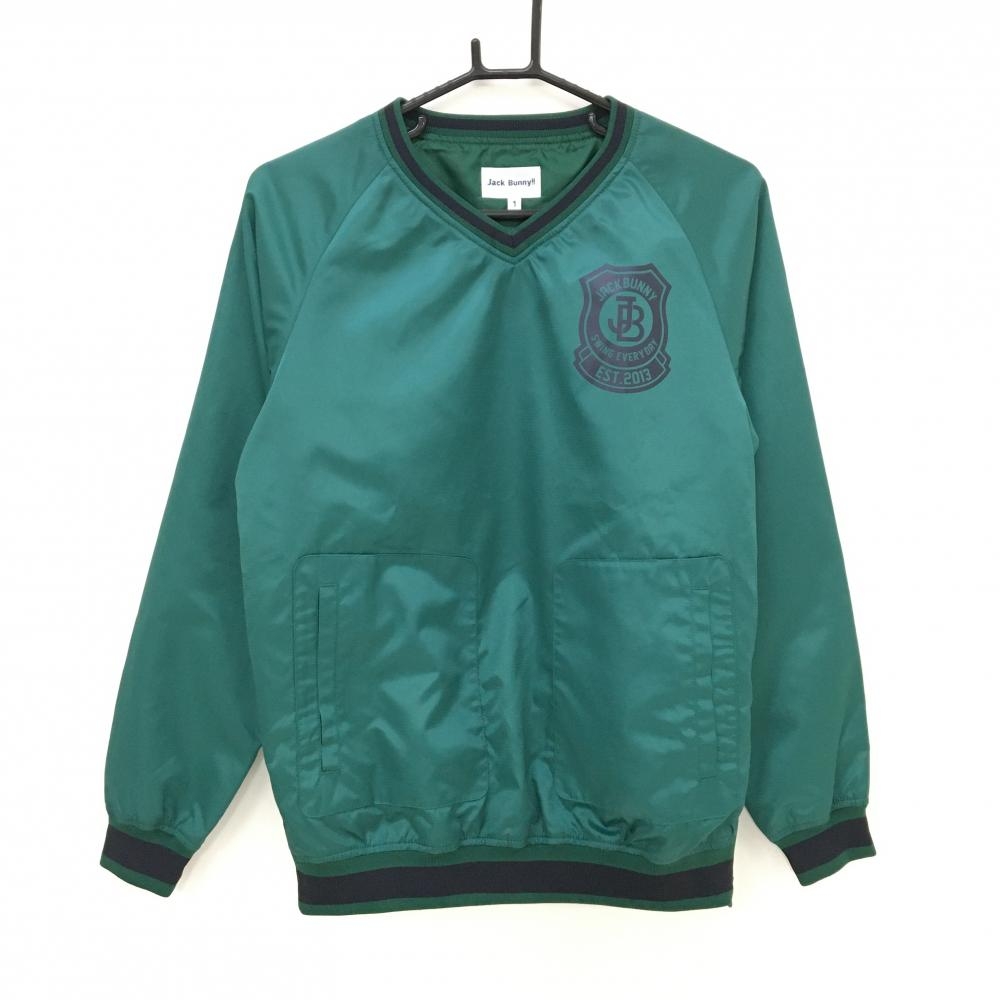 【超美品】ジャックバニー スニード グリーン×ネイビー ロゴ サイドジップ 裏地付 ブルゾン レディース 1(M) ゴルフウェア Jack Bunny