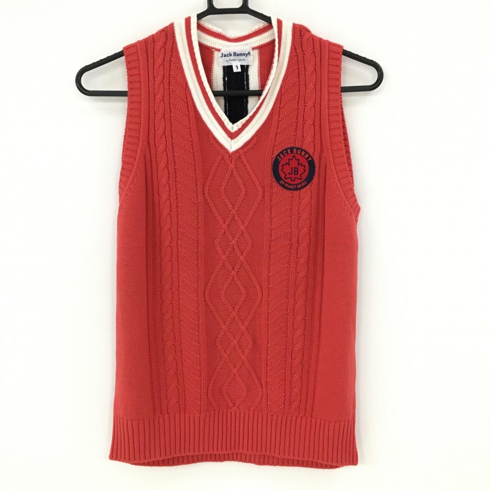 【美品】ジャックバニー ニットベスト レッド×白 ケーブル編み アクリル混 Vネック ワッペン レディース 1(M) ゴルフウェア Jack Bunny