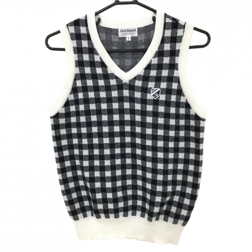 ジャックバニー ニットベスト 黒×白 ギンガムチェック コットン混 Vネック  レディース 1(M) ゴルフウェア Jack Bunny