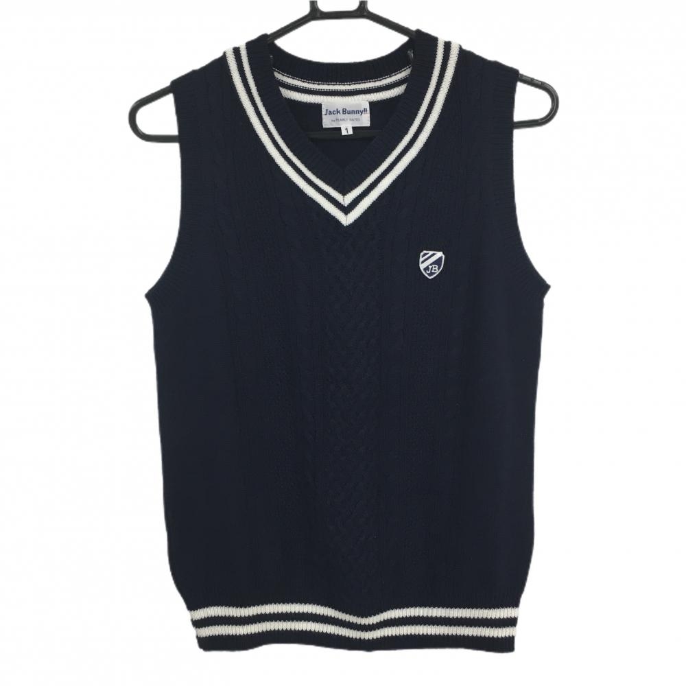 【超美品】ジャックバニー ニットベスト ネイビー×白 前面ケーブル編み アクリル混 Vネック レディース 1(M) ゴルフウェア Jack Bunny