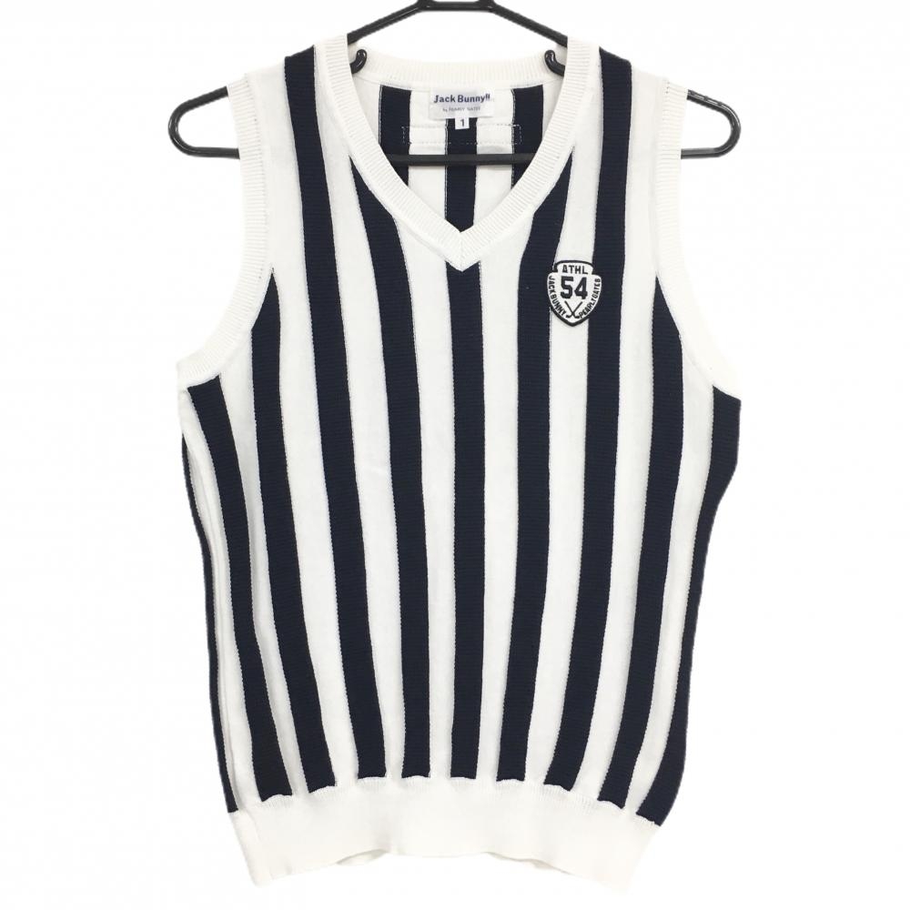 【美品】ジャックバニー ニットベスト 白×ネイビー ストライプ編み Vネック コットン混 レディース 1(M) ゴルフウェア Jack Bunny