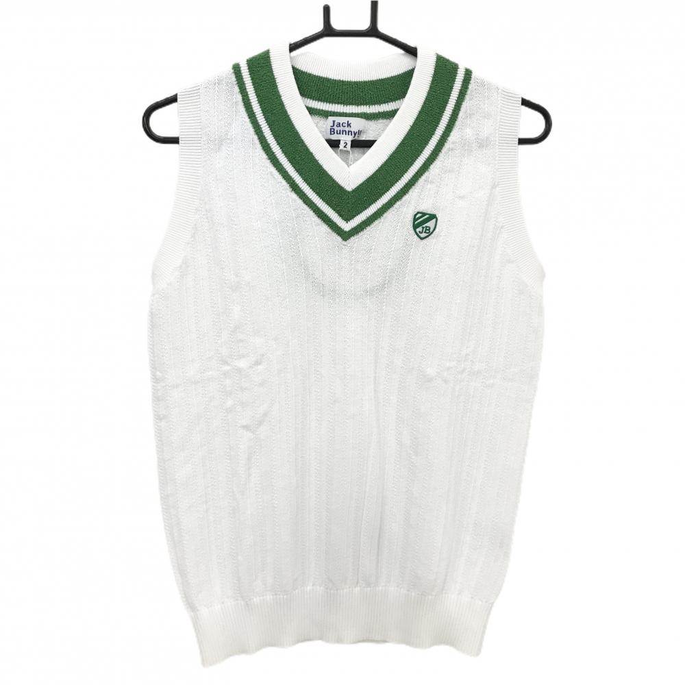 【新品】ジャックバニー ニットベスト 白×グリーン コットン混 コールクローバー  レディース 2(L) ゴルフウェア Jack Bunny