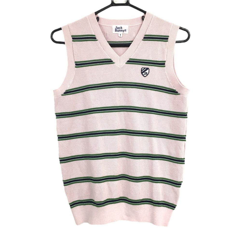 【美品】ジャックバニー ニットベスト ライトピンク×グリーン ボーダー Vネック ワッペン レディース 1(M) ゴルフウェア Jack Bunny