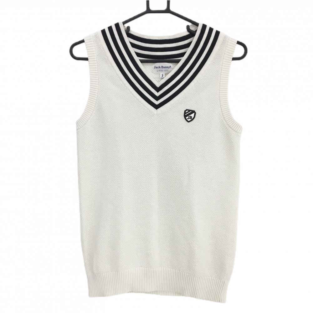 ジャックバニー ニットベスト 白×黒 ネック3ライン コットン混 レディース 2(L) ゴルフウェア Jack Bunny