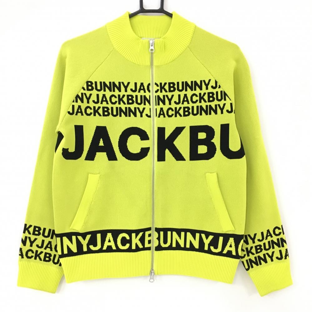 【美品】ジャックバニー ニットジャケット ライム×黒 ビッグロゴ レディース 0(S) ゴルフウェア 2023年モデル Jack Bunny