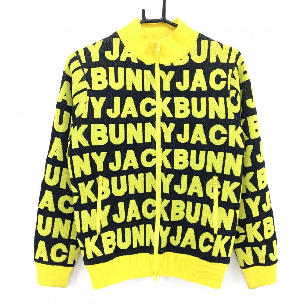 【美品】ジャックバニー ニットジャケット イエロー×黒 ロゴ総柄 裏地付  レディース 1(M) ゴルフウェア 2024年モデル Jack Bunny