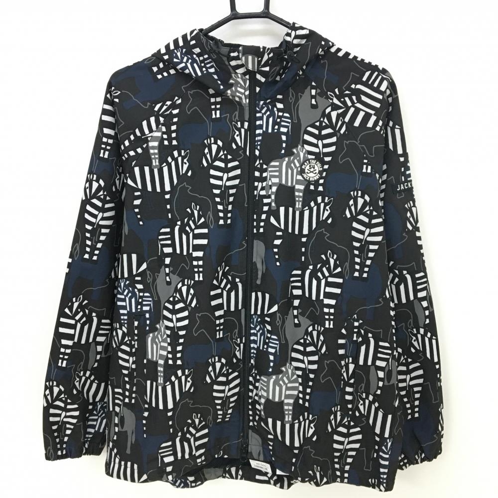 【超美品】ジャックバニー ジップパーカー ネイビー×黒 ゼブラ総柄 メッシュ裏地 レディース 2(L) ゴルフウェア Jack Bunny