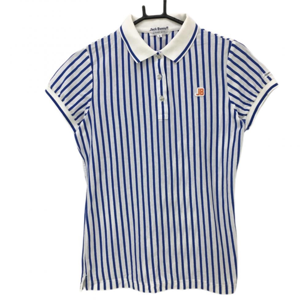 【超美品】ジャックバニー 半袖ポロシャツ　白×ブルー ストライプ  レディース 2(L) ゴルフウェア Jack Bunny 画像