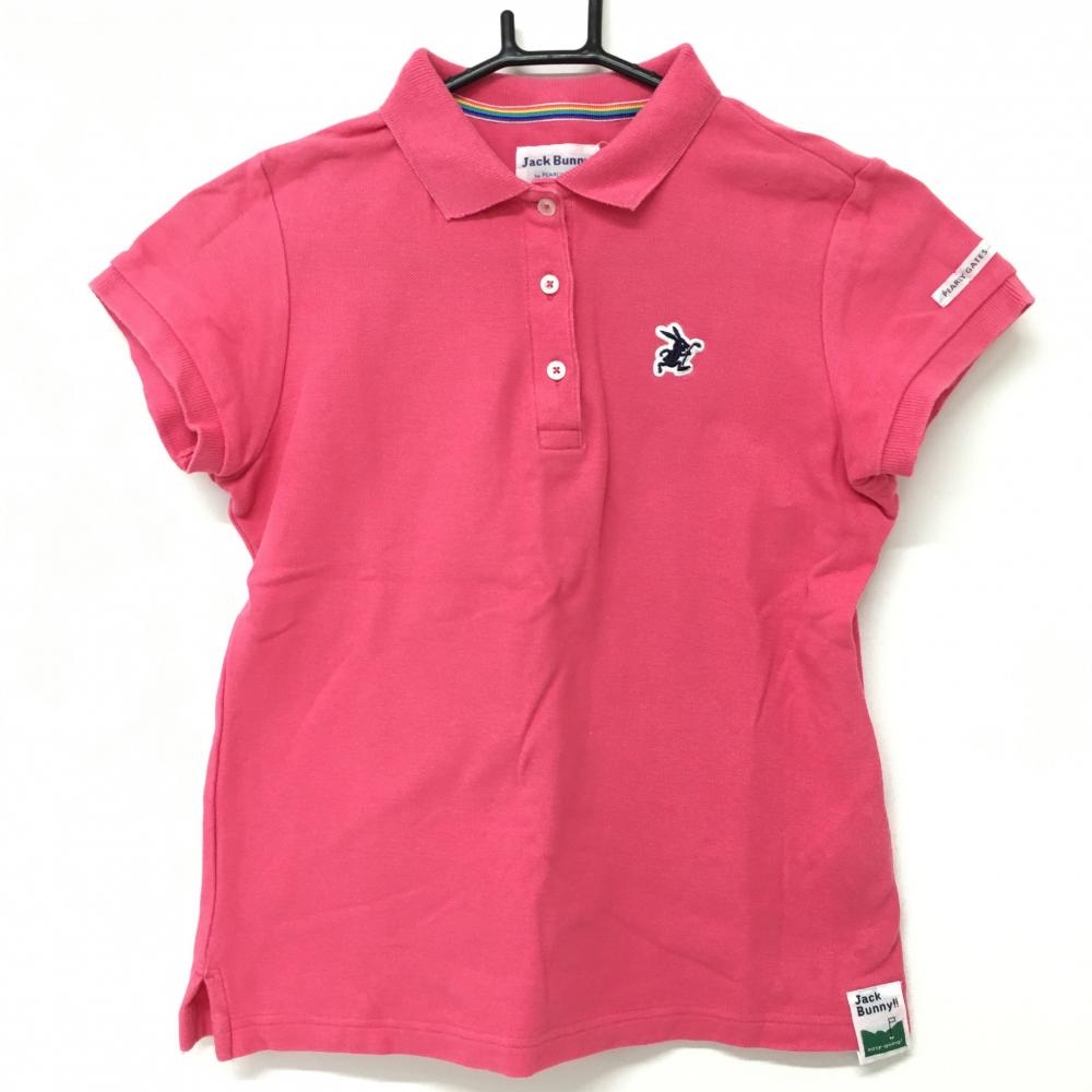 【美品】ジャックバニー 半袖ポロシャツ ピンク×ネイビー ラビット刺しゅう  レディース 0(S) ゴルフウェア Jack Bunny