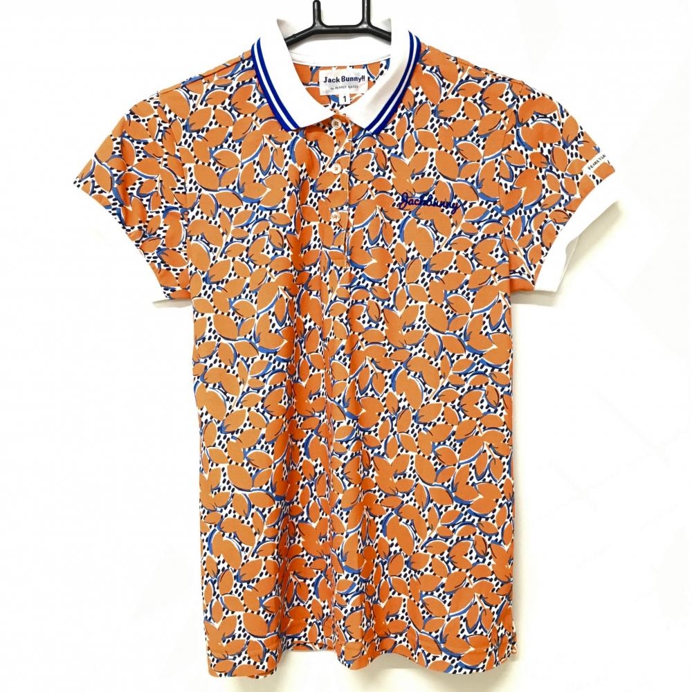 【美品】ジャックバニー 半袖ポロシャツ オレンジ×白 総柄 襟淵ライン  レディース 1(M) ゴルフウェア Jack Bunny