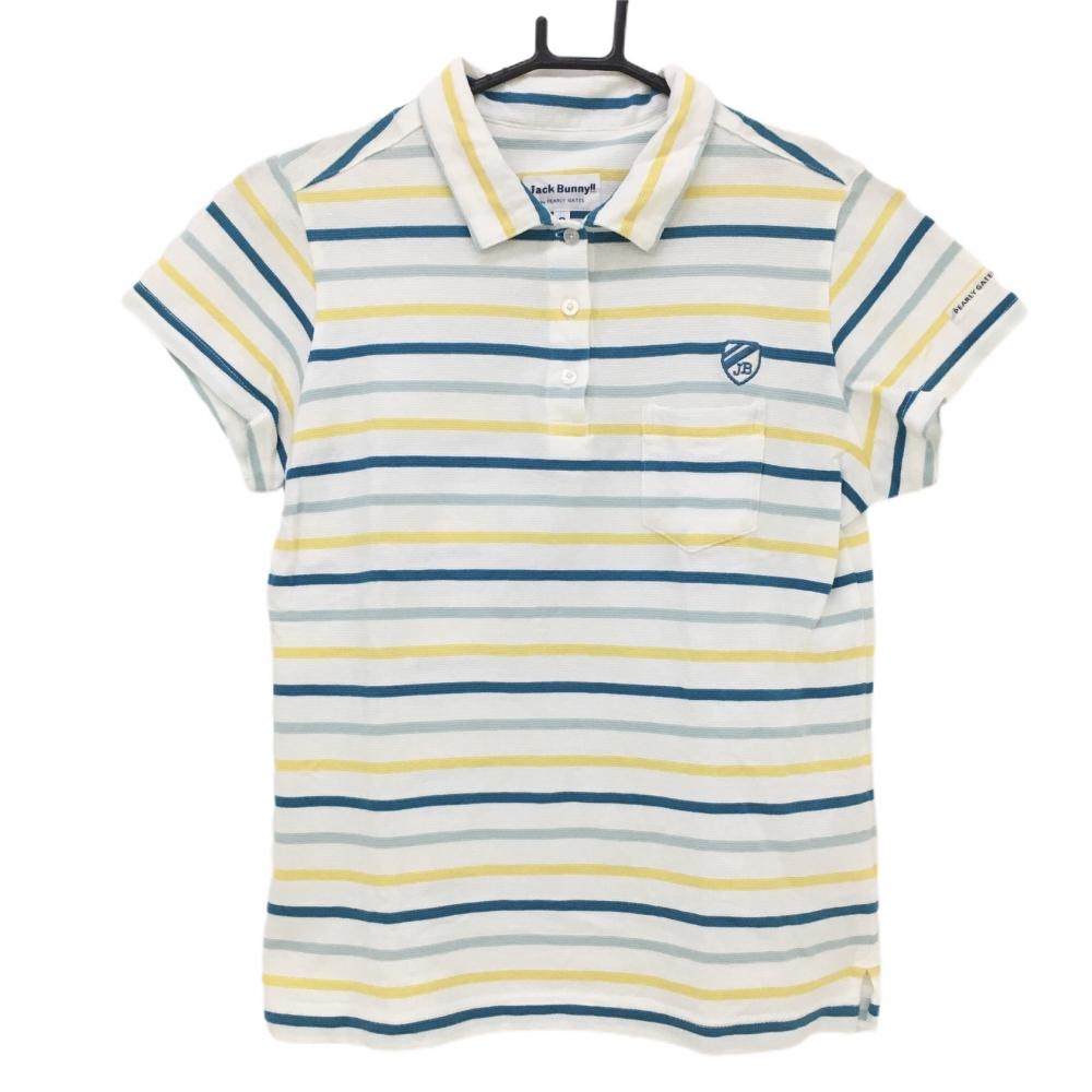 ジャックバニー 半袖ポロシャツ 白×ブルー×イエロー ボーダー コットン100％  レディース 2(L) ゴルフウェア Jack Bunny