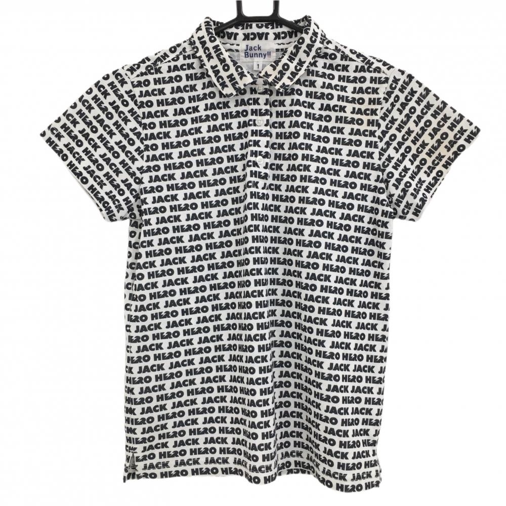 ジャックバニー 半袖ポロシャツ 白×ネイビー 英字総柄  レディース 1(M) ゴルフウェア Jack Bunny