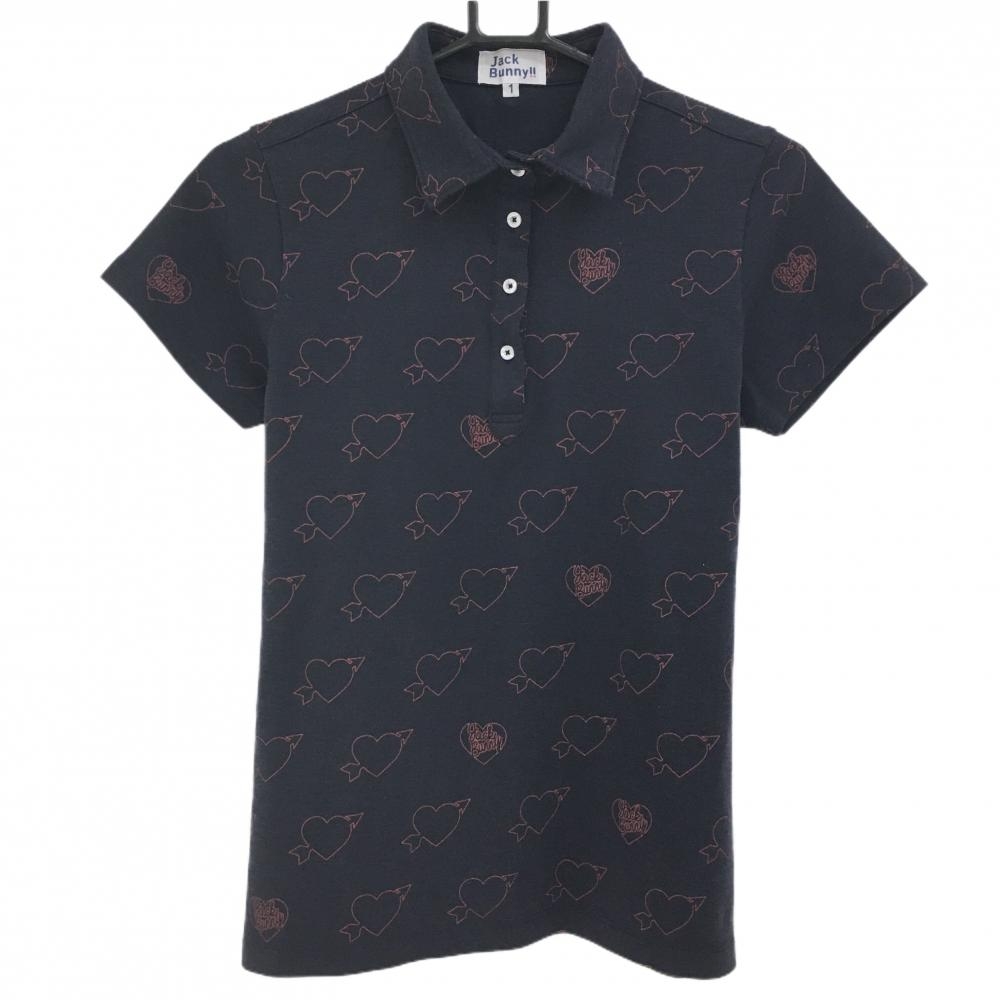 【美品】ジャックバニー 半袖ポロシャツ ネイビー×レッド ハート レディース 1(M) ゴルフウェア Jack Bunny