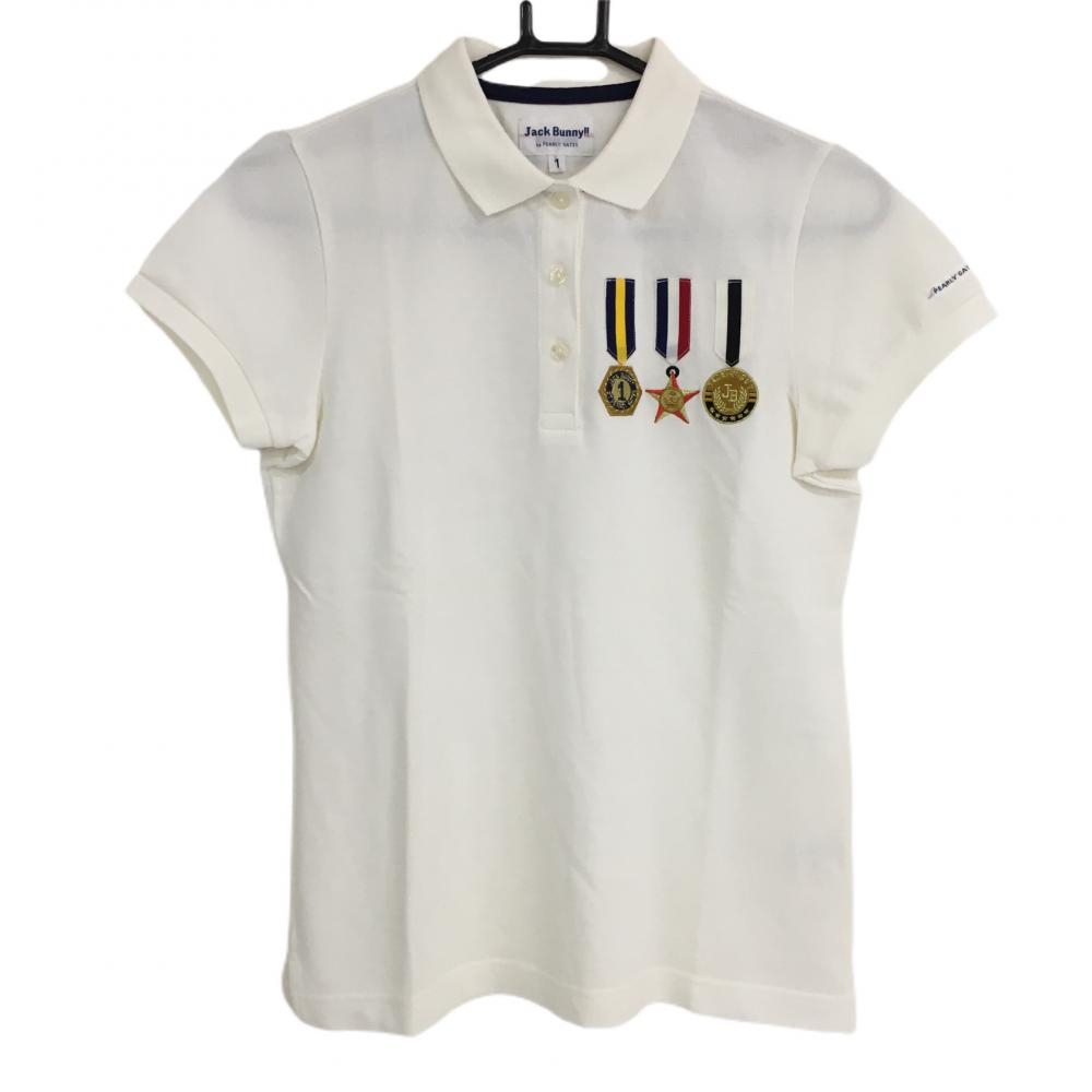 【美品】ジャックバニー 半袖ポロシャツ 白 バックロゴ刺しゅう メダル  レディース 1(M) ゴルフウェア Jack Bunny