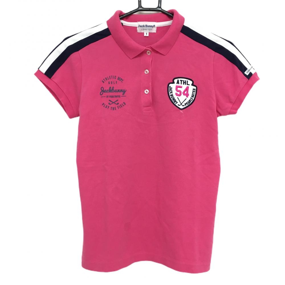 ジャックバニー 半袖ポロシャツ ピンク×ネイビー ロゴワッペン レディース 0(S) ゴルフウェア Jack Bunny