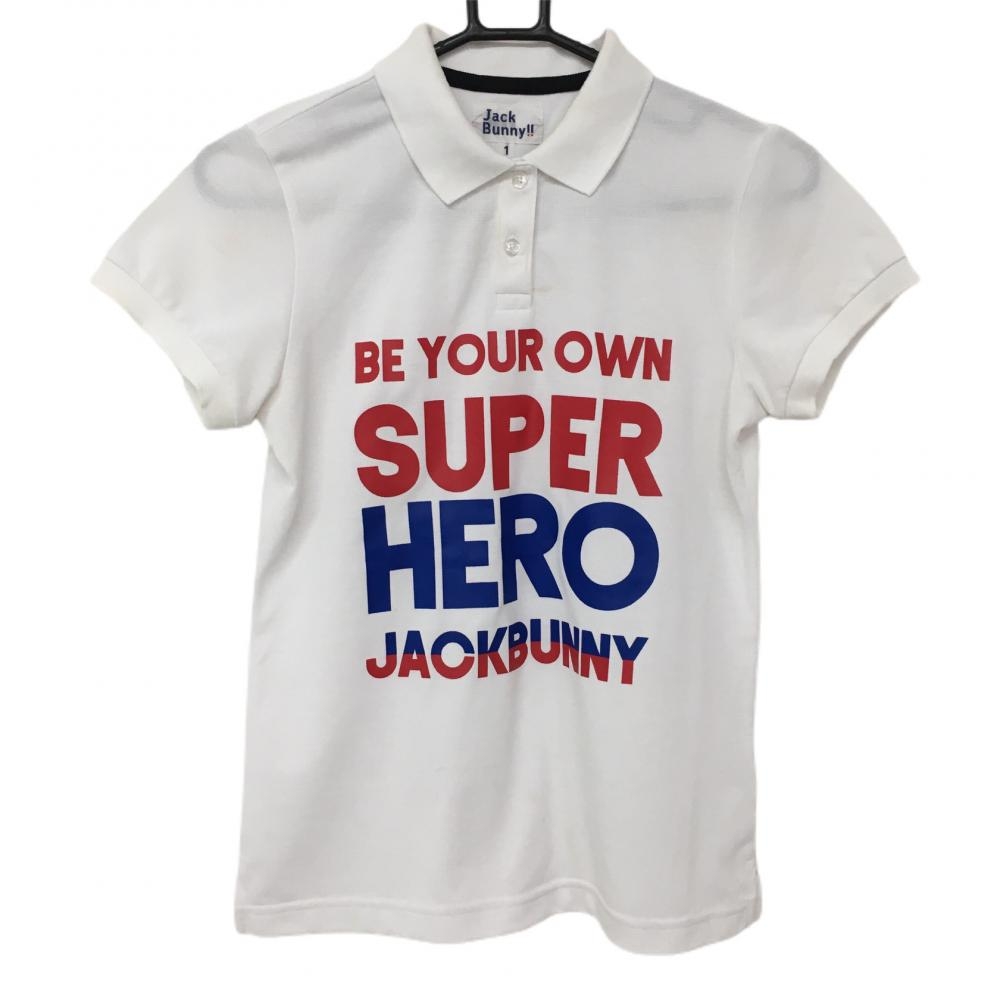 ジャックバニー 半袖ポロシャツ 白×レッド フロントプリント  レディース 1(Ｍ) ゴルフウェア Jack Bunny