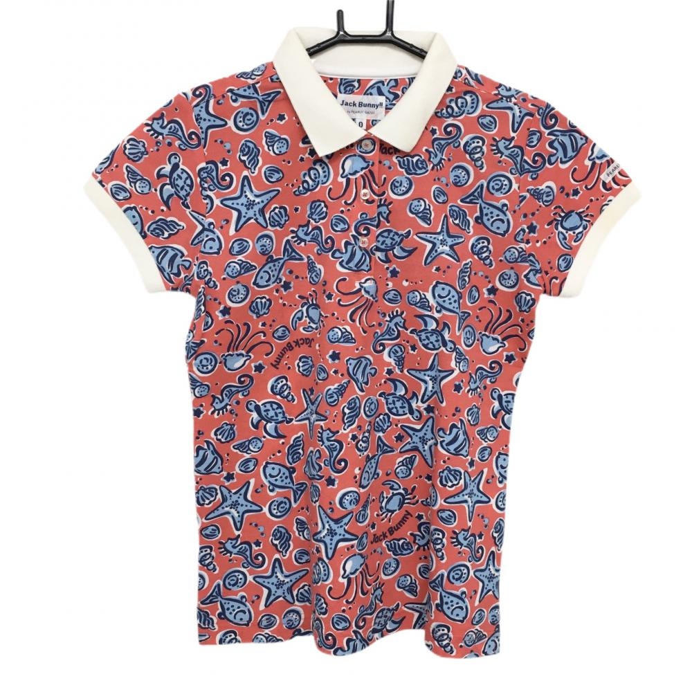 ジャックバニー 半袖ポロシャツ レッド×ネイビー 総柄 魚 ヒトデ  レディース 0(Ｓ) ゴルフウェア Jack Bunny