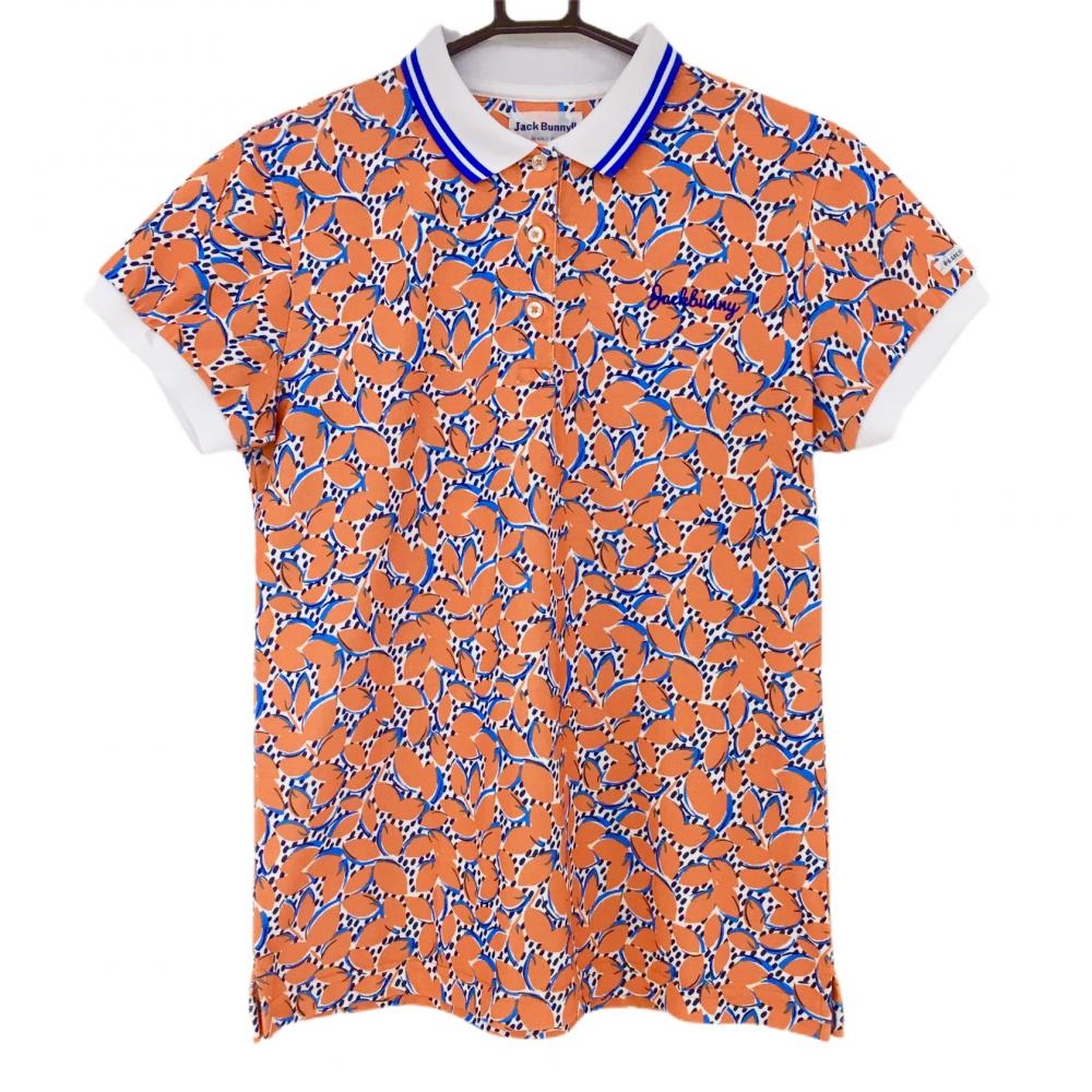 ジャックバニー 半袖ポロシャツ オレンジ×白 総柄 襟ライン  レディース 2(L) ゴルフウェア Jack Bunny