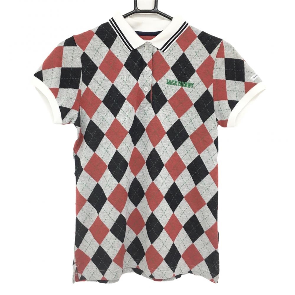 ジャックバニー 半袖ポロシャツ ライトグレー×レッド アーガイル柄 ニット ロゴ刺しゅう レディース 1(M) ゴルフウェア Jack Bunny
