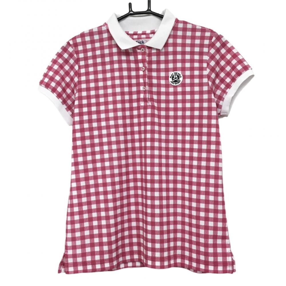 【超美品】ジャックバニー 半袖ポロシャツ ピンク×白 チェック柄 ロゴワッペン レディース 2(L) ゴルフウェア Jack Bunny