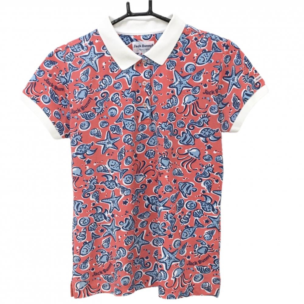 ジャックバニー 半袖ポロシャツ レッド×ライトブルー 総柄 レディース 1(M) ゴルフウェア Jack Bunny