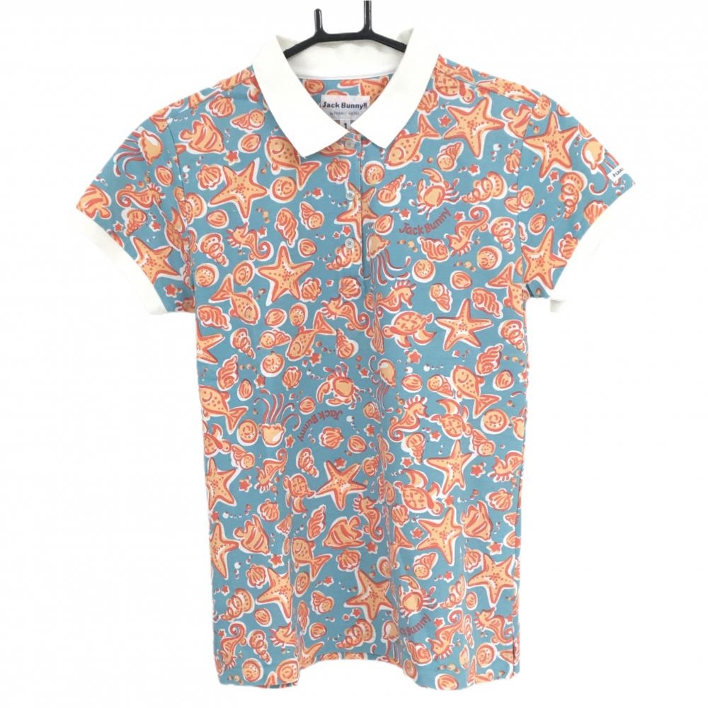 ジャックバニー 半袖ポロシャツ ライトブルー×オレンジ 総柄  レディース 1(M) ゴルフウェア Jack Bunny