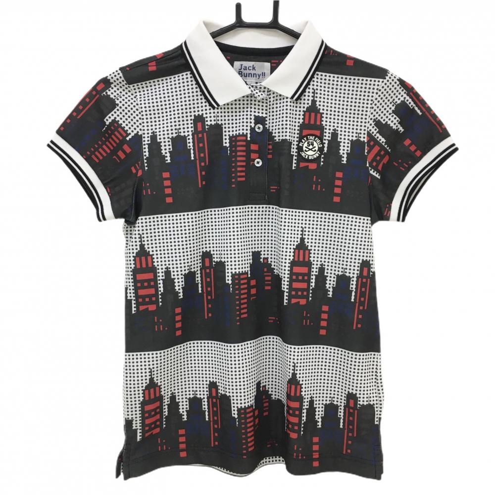 【美品】ジャックバニー 半袖ポロシャツ 白×黒 ドット タウン柄 胸ワッペン レディース 0(S) ゴルフウェア Jack Bunny