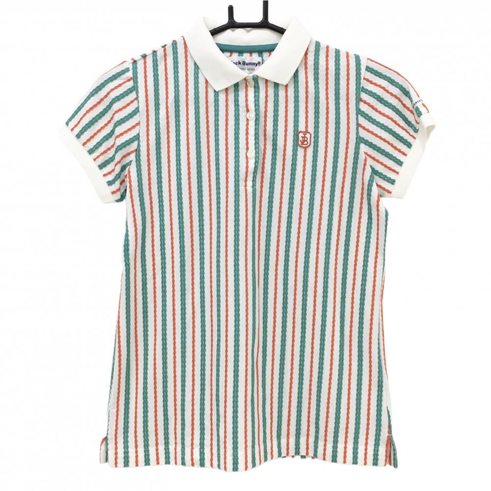 【超美品】ジャックバニー 半袖ポロシャツ 白×グリーン ストライプ織生地 ロゴワッペン  レディース 0(S) ゴルフウェア Jack Bunny
