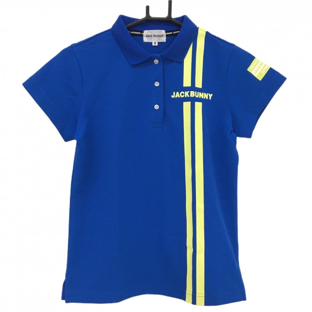 【美品】ジャックバニー 半袖ポロシャツ ブルー×イエロー 2ラインプリント レディース 0(S) ゴルフウェア Jack Bunny