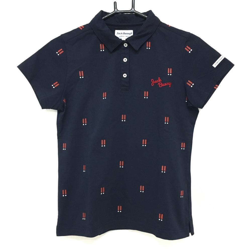 【超美品】ジャックバニー 半袖ポロシャツ ネイビー×レッド ビックリマーク ロゴ刺しゅう レディース 1(M) ゴルフウェア Jack Bunny