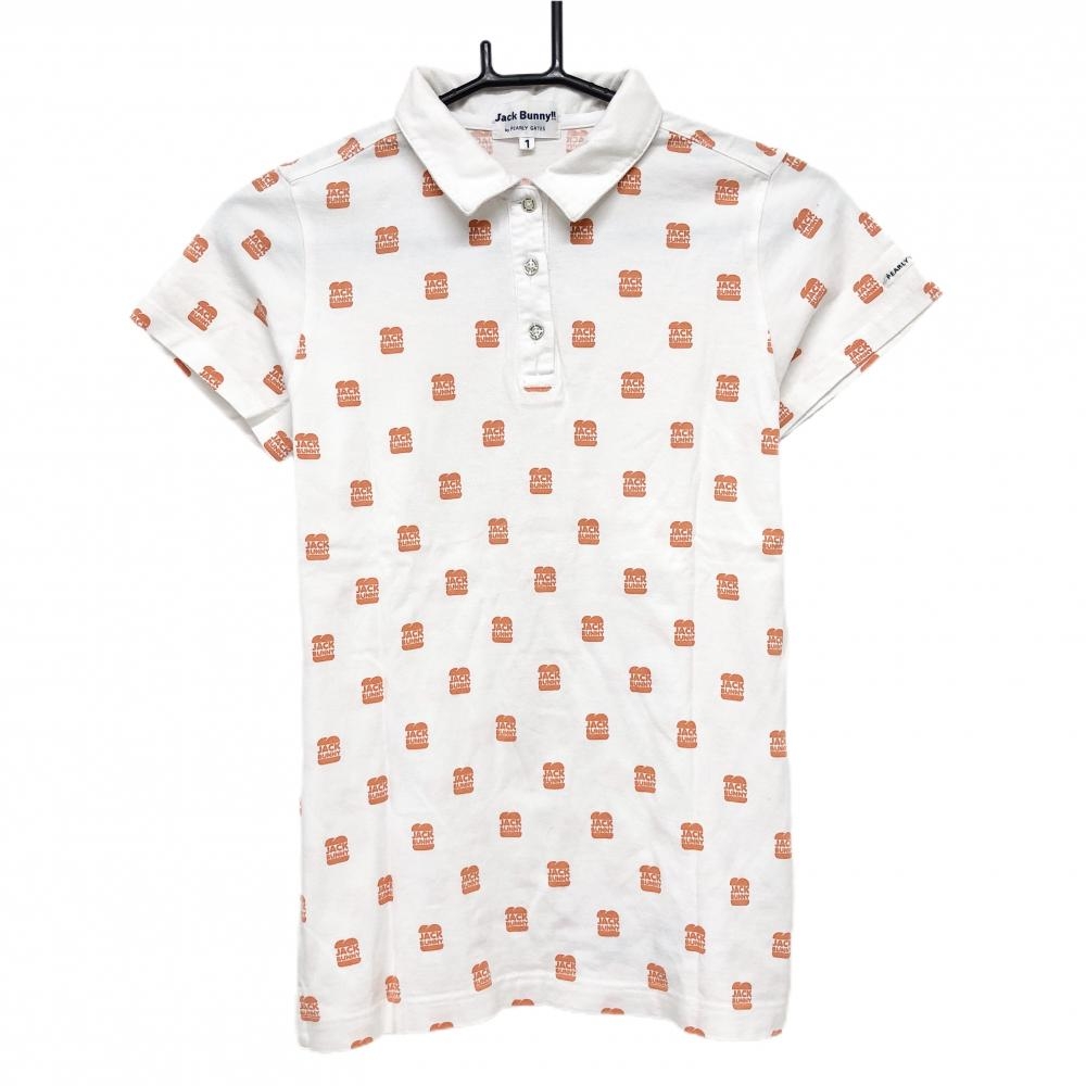 ジャックバニー 半袖ポロシャツ 白×オレンジ 総柄 レディース M ゴルフウェア Jack Bunny