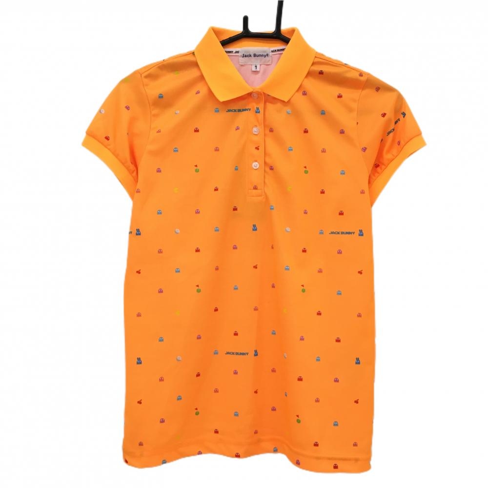 【新品】ジャックバニー×パックマン 半袖ポロシャツ オレンジ×マルチカラー 総柄 PAC-MAN レディース 1(M) ゴルフウェア Jack Bunny