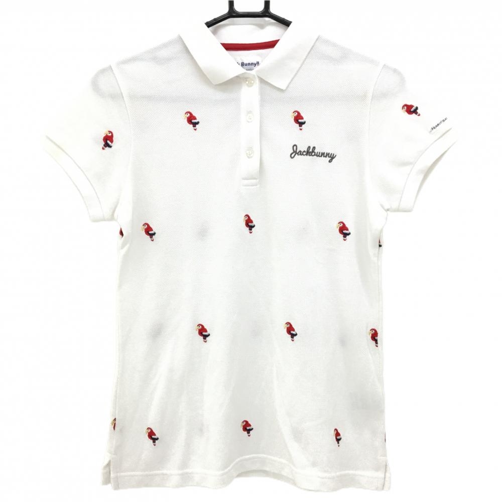 ジャックバニー 半袖ポロシャツ 白×レッド 鳥刺しゅう柄  レディース 1(M) ゴルフウェア Jack Bunny
