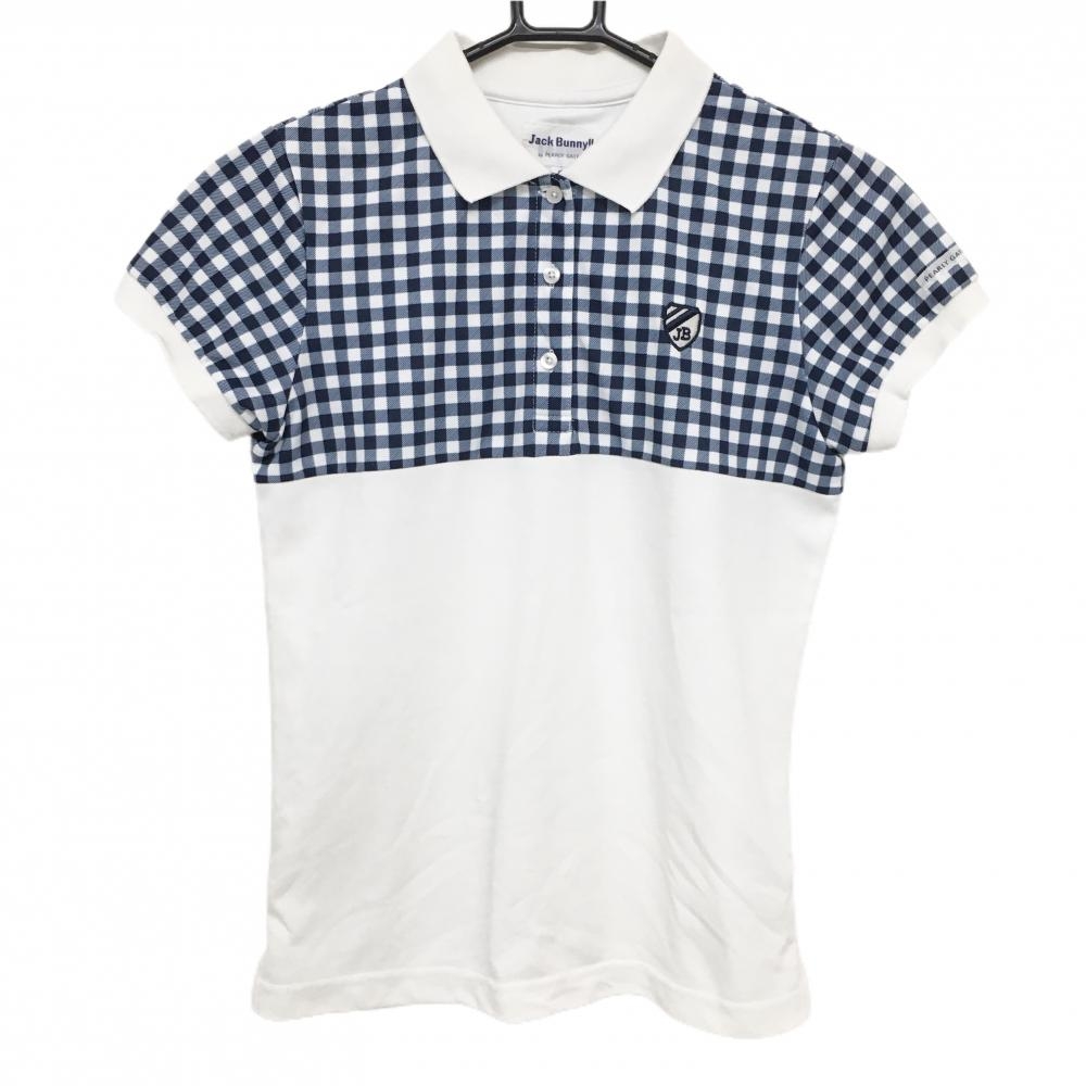 ジャックバニー 半袖ポロシャツ 白×ネイビー 上部ギンガムチェック ロゴ刺しゅう レディース 0(S) ゴルフウェア Jack Bunny
