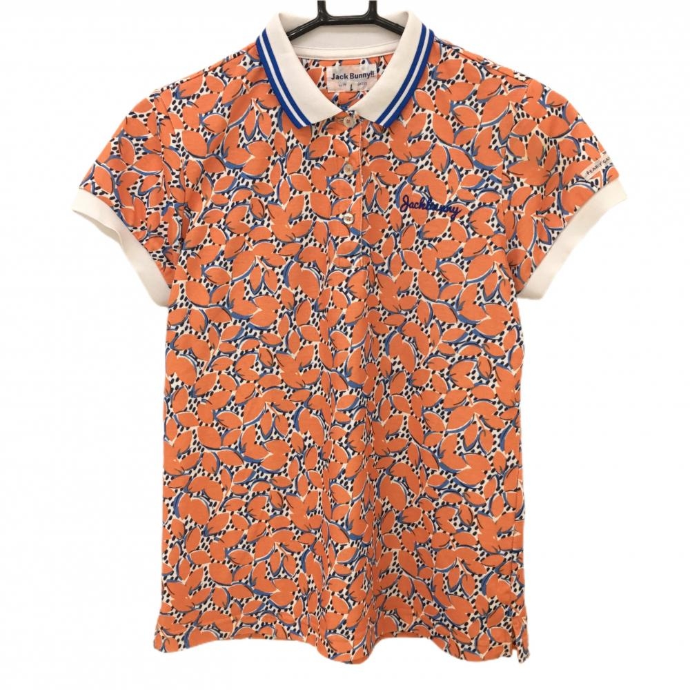 ジャックバニー 半袖ポロシャツ 白×オレンジ リーフ柄 ロゴ刺しゅう レディース 1(M) ゴルフウェア Jack Bunny