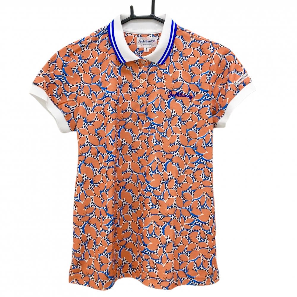 ジャックバニー 半袖ポロシャツ 白×オレンジ リーフ柄 ロゴ刺しゅう レディース 1(M) ゴルフウェア Jack Bunny