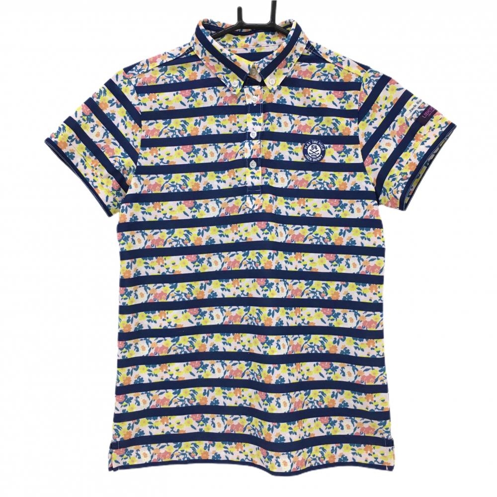 【超美品】ジャックバニー 半袖ポロシャツ マルチカラー 小花柄 ボーダー ボタンダウン LIBERTY レディース 1(M) ゴルフウェア Jack Bunny