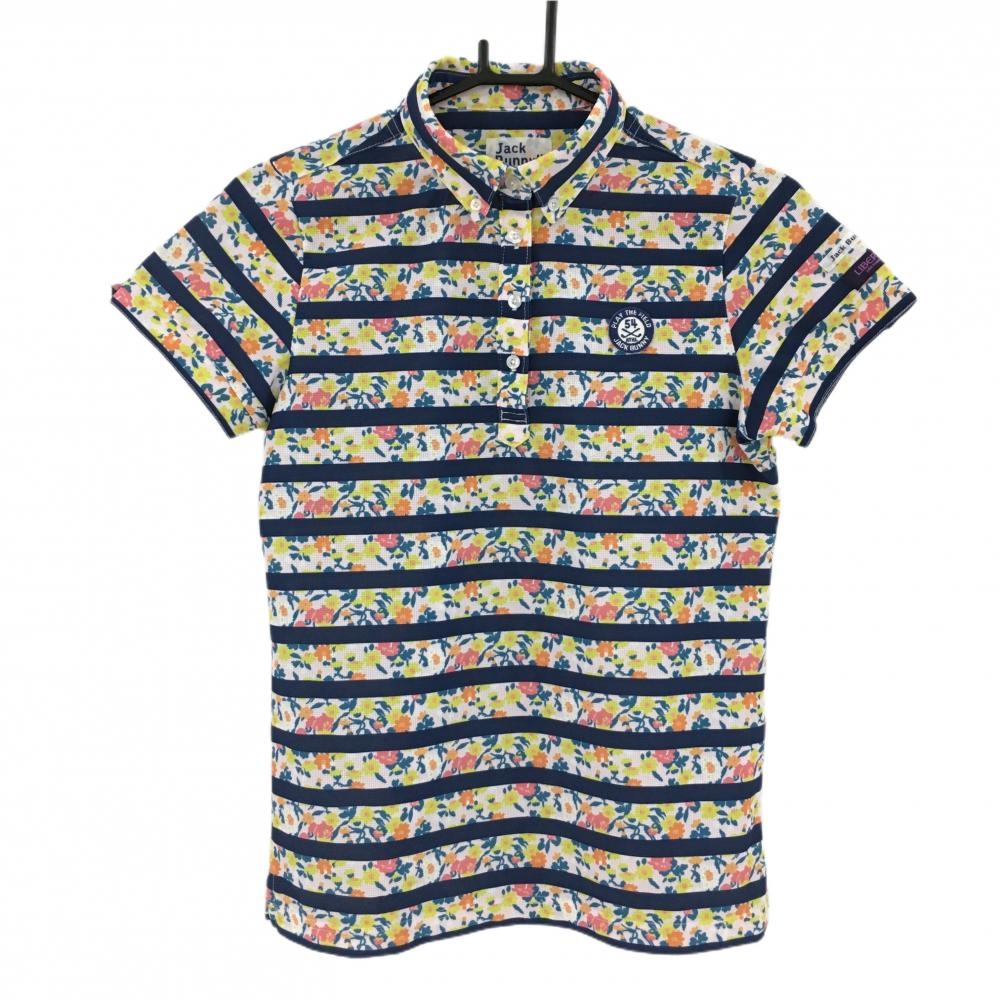 【超美品】ジャックバニー 半袖ポロシャツ ライトグリーン×ピンク×ネイビー 小花柄 ボーダー  レディース 1(M) ゴルフウェア Jack Bunny