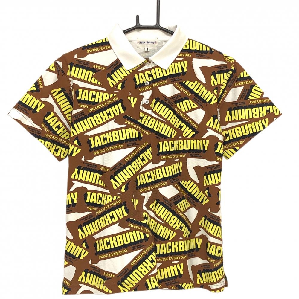【美品】ジャックバニー 半袖ポロシャツ ブラウン×イエロー ロゴ総柄 レディース 1(M) ゴルフウェア 2025年モデル Jack Bunny