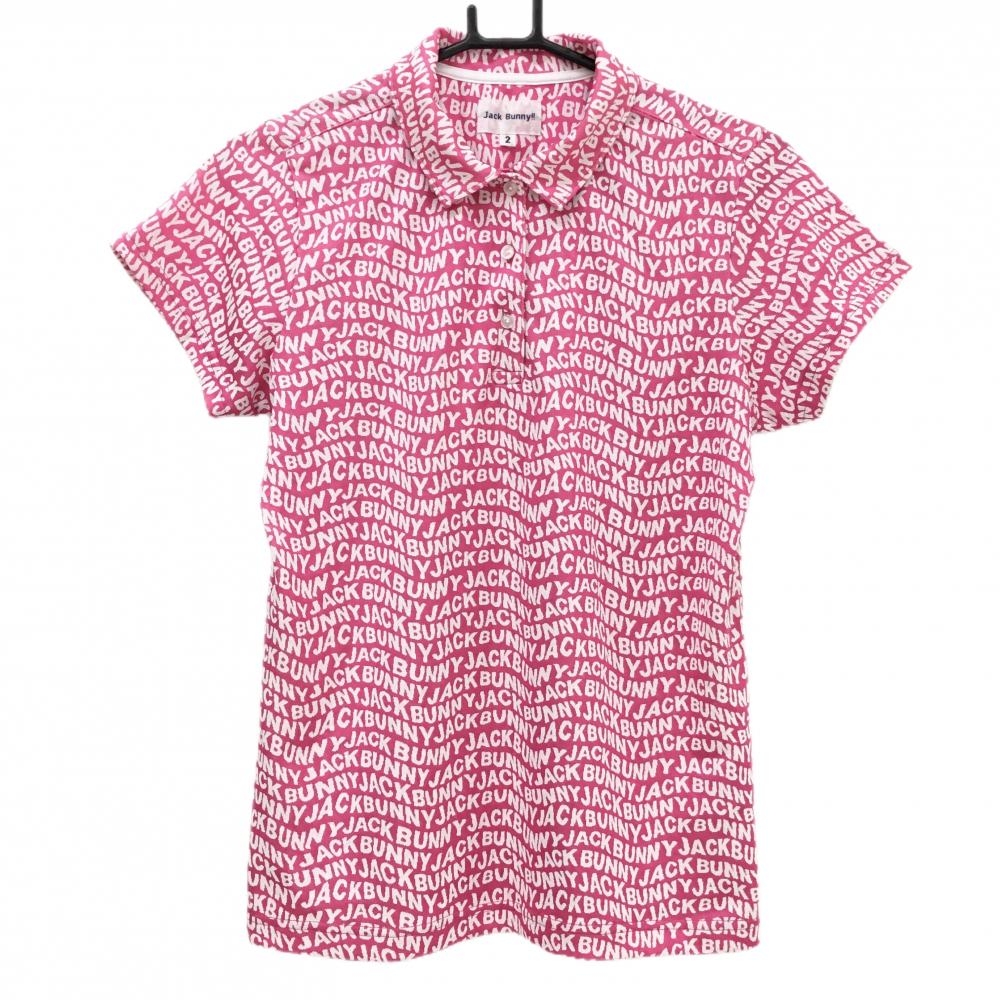 【超美品】ジャックバニー 半袖ポロシャツ ピンク×白 ロゴ総柄  レディース 2(L) ゴルフウェア Jack Bunny