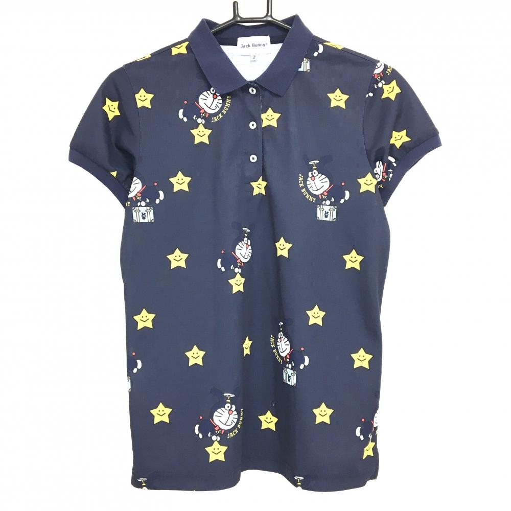 ジャックバニー×ドラえもん 半袖ポロシャツ ネイビー×イエロー うさ耳ドラえもん総柄 星柄 レディース 2(L) ゴルフウェア Jack Bunny