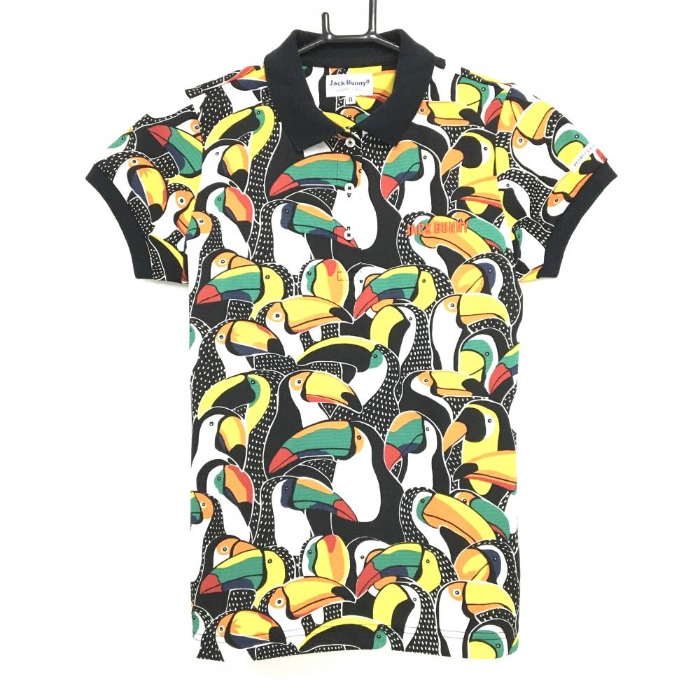 ジャックバニー 半袖ポロシャツ 黒×マルチカラー インコ柄 ロゴ刺しゅう  レディース 0(S) ゴルフウェア Jack Bunny