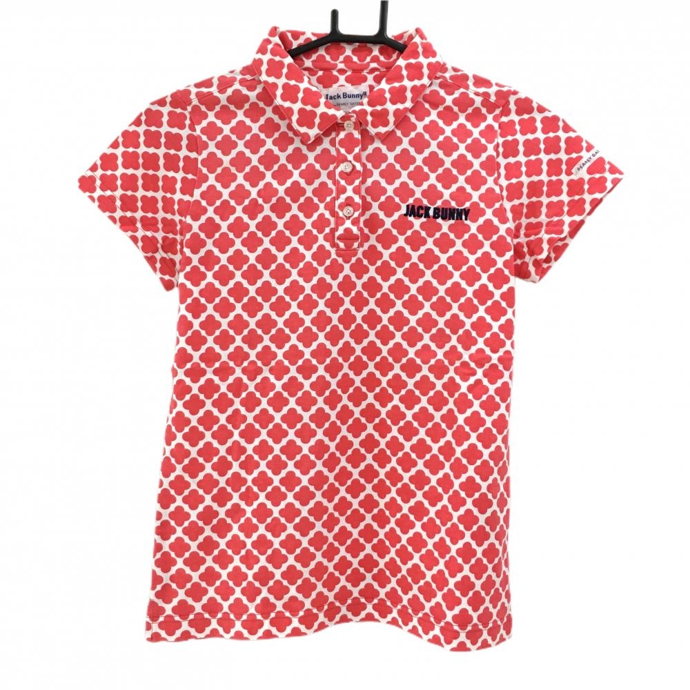 ジャックバニー 半袖ポロシャツ 白×レッド クローバー柄 レディース 0(S) ゴルフウェア Jack Bunny