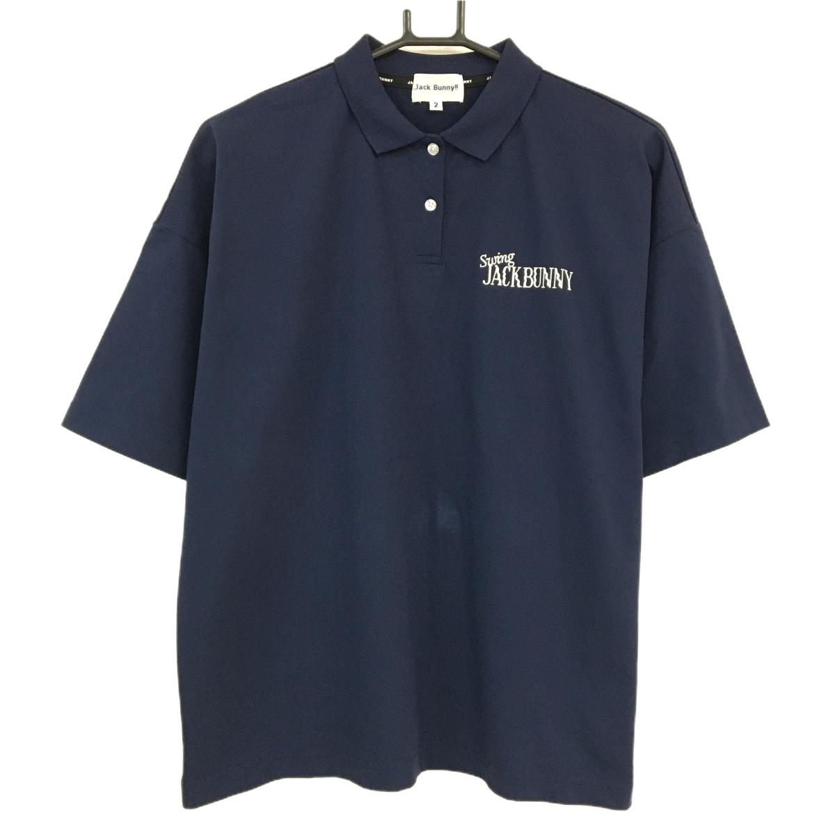 【超美品】ジャックバニー 半袖ポロシャツ ネイビー×白 背面ビッグロゴ レディース 2(L) ゴルフウェア 2024年モデル Jack Bunny