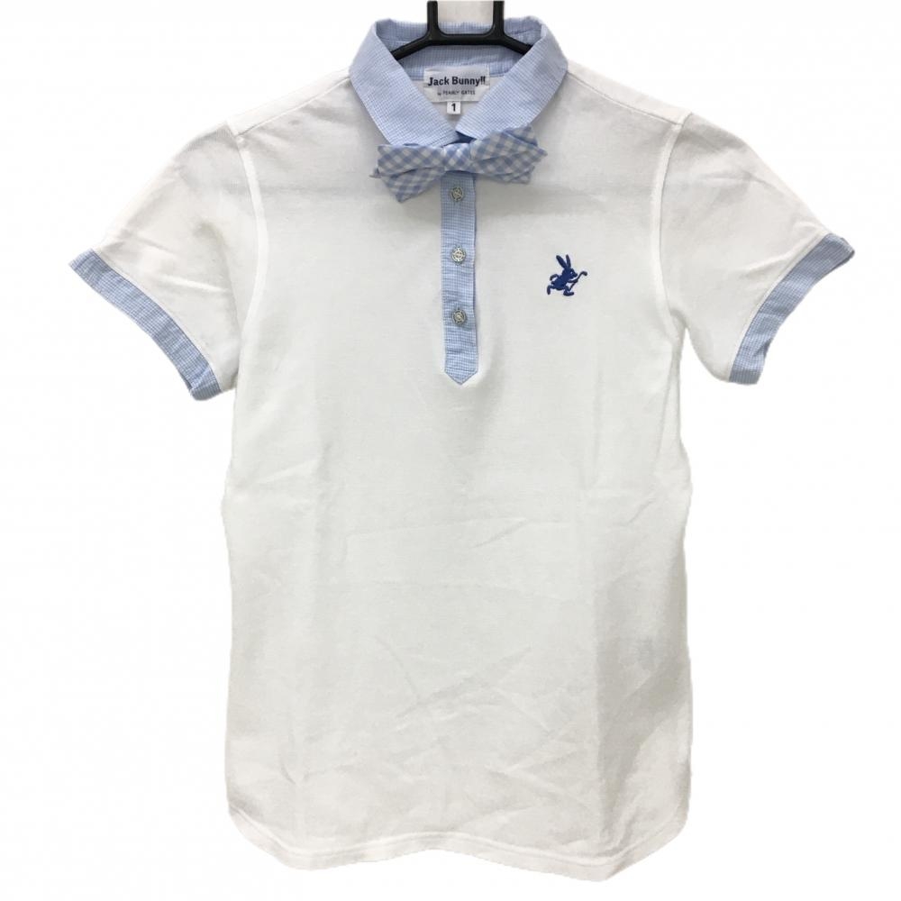 ジャックバニー 半袖ポロシャツ 白×ライトブルー 襟袖口チェック リボン着脱可 レディース 1(M) ゴルフウェア Jack Bunny