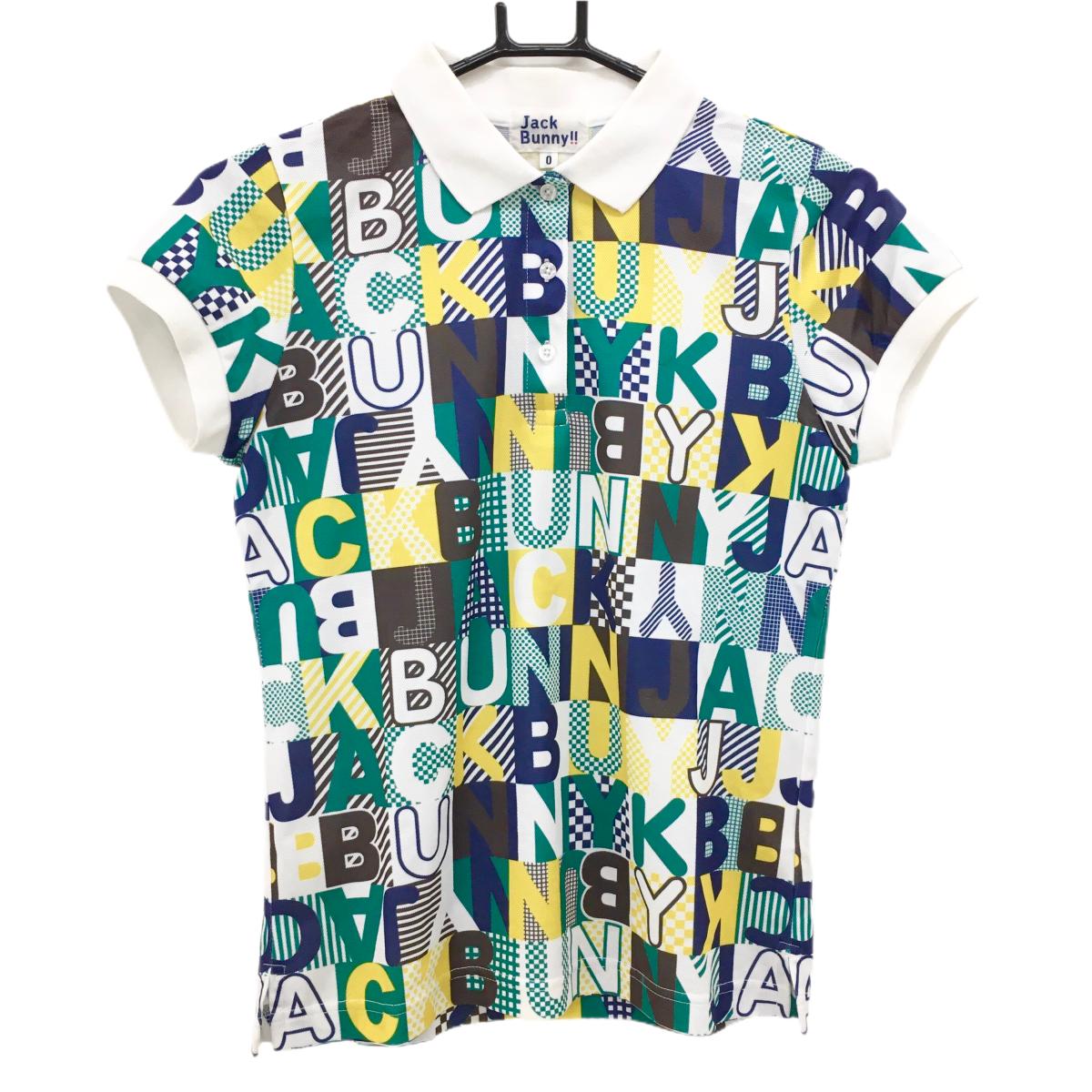 ジャックバニー 半袖ポロシャツ 白×グリーン 英字総柄 レディース 0(S) ゴルフウェア Jack Bunny