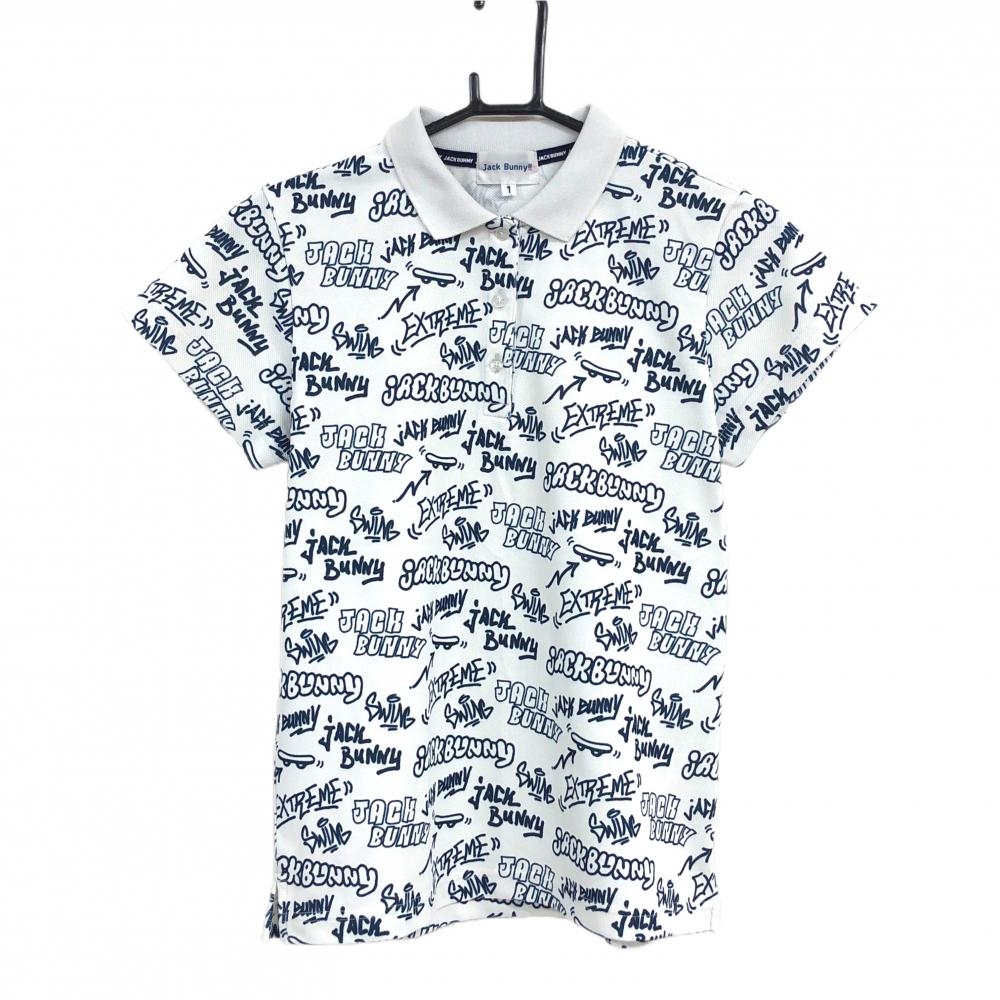 ジャックバニー 半袖ポロシャツ 白×ネイビー 英字総柄 レディース 1(M) ゴルフウェア Jack Bunny