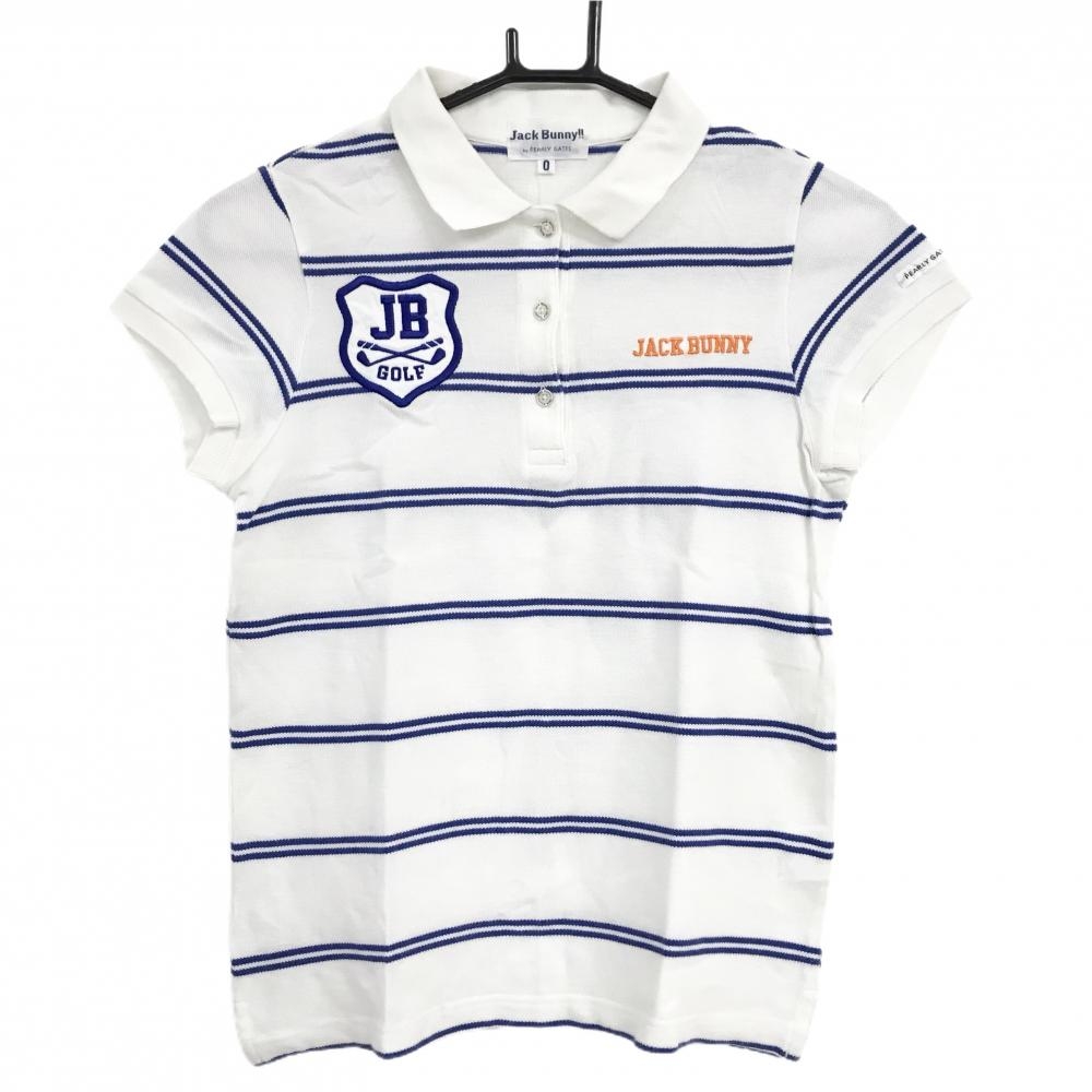 ジャックバニー 半袖ポロシャツ 白×ブルー ボーダー ロゴ刺しゅう レディース 0(S) ゴルフウェア Jack Bunny