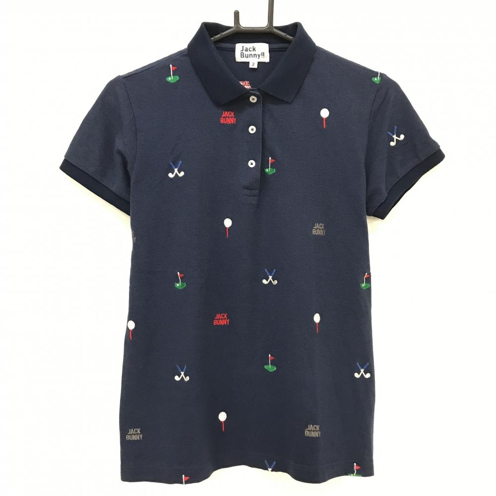 ジャックバニー 半袖ポロシャツ ネイビー×レッド 刺しゅう総柄 レディース 2(L) ゴルフウェア Jack Bunny
