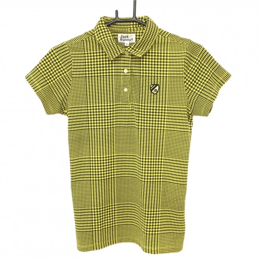 ジャックバニー 半袖ポロシャツ イエロー×黒 千鳥格子柄 ロゴワッペン レディース 1(M) ゴルフウェア Jack Bunny